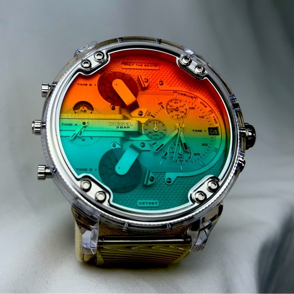 Diesel Mens Mr Daddy 2.0 Watch DZ7427 orange + turquoise face, clear strap - Picture 1 of 10